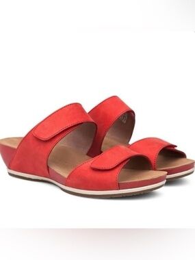 Dansko Vienna Milled Nubuck Wedge Slides Sandals Red Leather Strap Size 39
